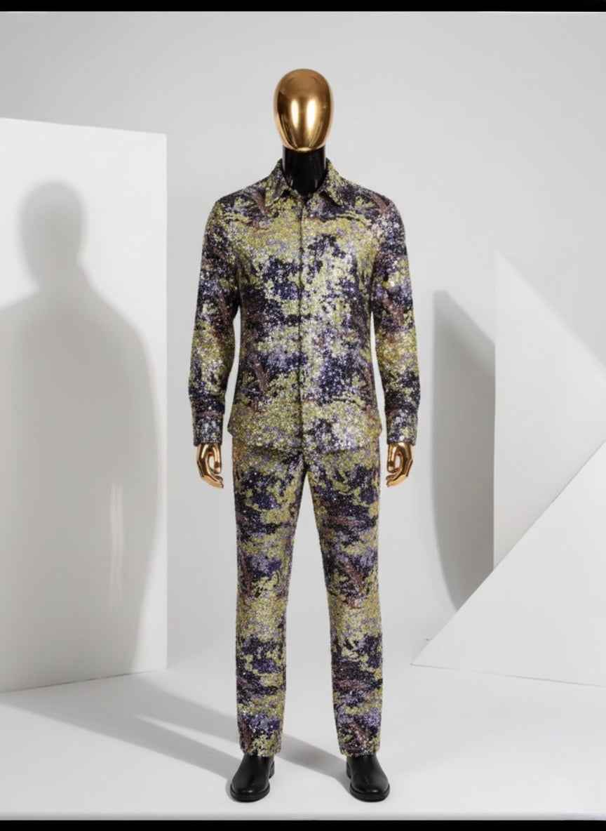 Men’s Luxury Sequin Set – Sparkling Two-Piece Shirt & Pants Outfit
