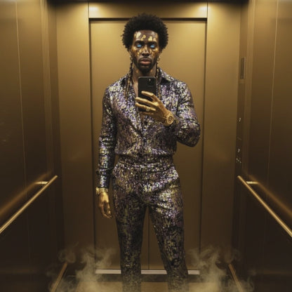 Men’s Luxury Sequin Set – Sparkling Two-Piece Shirt & Pants Outfit